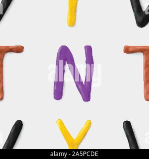 Seamless pattern with alphabet. Handmade modeling clay letters. Realistic 3d vector lettering background. Stock Vector