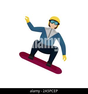 Girl snowboarder in a yellow ski helmet and glasses going down. Isolated flat vector illustration. Stock Vector
