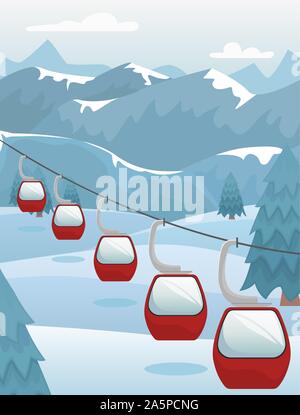 Winter mountain landscape with ski lifts on the slope. Ski resort. Flat vector illustration. Stock Vector