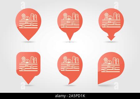 Farm landscape with barn, windpump, haystack and granary flat vector pin map icon. Map pointer. Map markers. Agriculture sign. Stock Vector