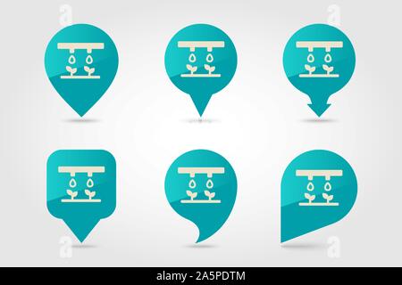 Drip irrigation system flat vector pin map icon. Map pointer. Map markers. Agriculture sign. Graph symbol for your web site design, logo, app, UI Stock Vector