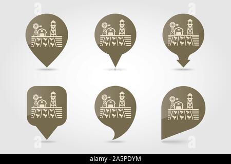 Farm landscape with barn, windpump, seedling and water tower flat vector pin map icon. Map pointer. Map markers. Agriculture sign Stock Vector