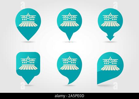 Crop duster airplane spraying a farm field flat vector pin map icon. Map pointer. Map markers. Agriculture sign Stock Vector