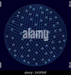 Abstract polygonal ball of blue lines on a dark background with luminous lights. Wireframe 3D mesh polygonal vector sphere. Network line, design spher Stock Vector