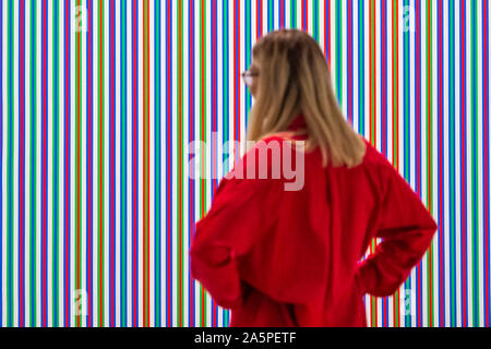 London, UK. 22nd Oct, 2019. Ra, 1981 - A major retrospective exhibition at Hayward Gallery devoted to the work of celebrated British artist Bridget Riley (23 October 2019 – 26 January 2020). As one of the most distinguished and internationally renowned artists working today, Bridget Riley’s pioneering approach to painting involves the skilful balancing of form and colour, yielding a continuous but highly varied enquiry into the nature of abstraction and perception. Credit: Guy Bell/Alamy Live News Stock Photo