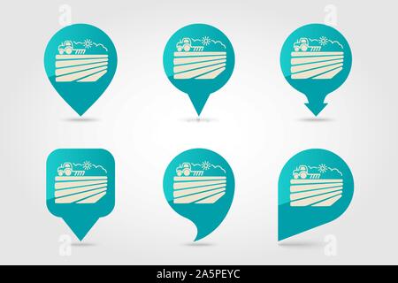 The tractor plows the field before sowing flat vector pin map icon. Map pointer. Map markers. Spring or autumn field work. Agriculture sign Stock Vector