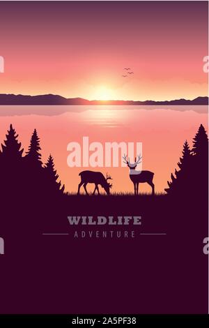 wildlife adventure elk in the wilderness by the lake at sunset vector illustration EPS10 Stock Vector