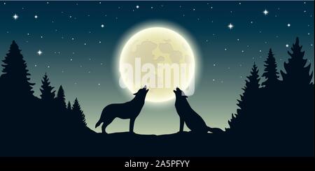 two wolves howl at the full moon in forest landscape vector illustration EPS10 Stock Vector