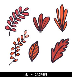 Doodle hand drawn set with orange leaf and branches on white background. Bright fall leaves. Vector design illustration. Stock Vector