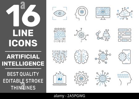 Vector set of 16 thin icons related to artificial intelligence and data science. Line pictograms and infographics design elements. Editable Stroke Stock Vector