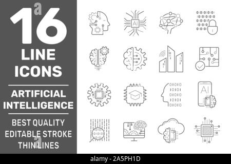 Set of AI, IoT and machine learning line icons. Simple pictograms pack. Modern icons collection in outline style. Vector illustration on a white Stock Vector