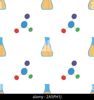 Seamless pattern molecule and flask, great design for any purposes. Chemical laboratory. School education vector background. Stock Vector