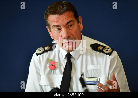 Chief Constable of Northamptonshire Police, Nick Adderley, speaking during a press conference at Northamptonshire Police HQ at Wootton Hall Park, Northampton about the death of Harry Dunn. Stock Photo