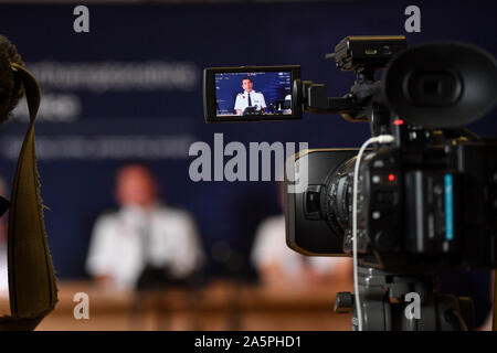 Chief Constable of Northamptonshire Police, Nick Adderley, speaking during a press conference at Northamptonshire Police HQ at Wootton Hall Park, Northampton about the death of Harry Dunn. Stock Photo