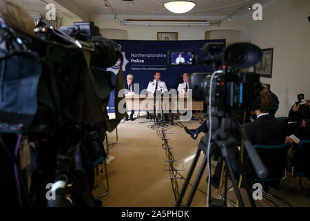 Chief Constable of Northamptonshire Police, Nick Adderley (centre), speaking during a press conference at Northamptonshire Police HQ at Wootton Hall Park, Northampton about the death of Harry Dunn. Stock Photo