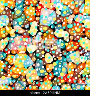 Rainbow multicolor abstract spotted seamless pattern, background from geometrical figures. Colorful bright texture of various shapes for creative fabr Stock Vector