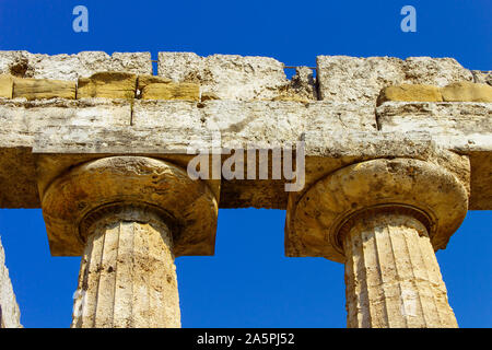Internal view of greek  Temple of Hera-II in the archaeological site of Paestum (Poseidonia), Salerno, Campania, Italy Stock Photo