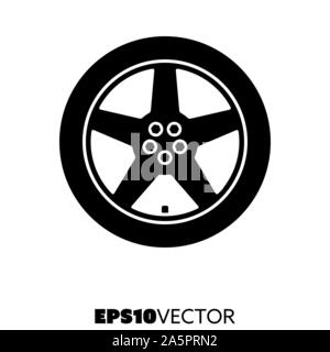 Car alloy wheel solid black icon. Glyph symbol of rim and tire. Automotive parts flat vector illustration. Stock Vector