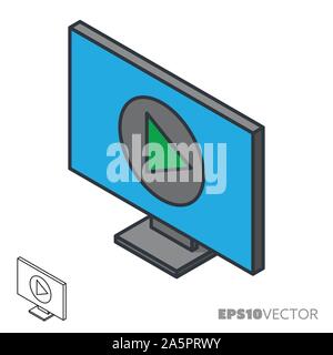 Flatscreen TV set isometric icon, outline and filled digital media symbols. Entertainment and electronics concept vector illustration. Stock Vector