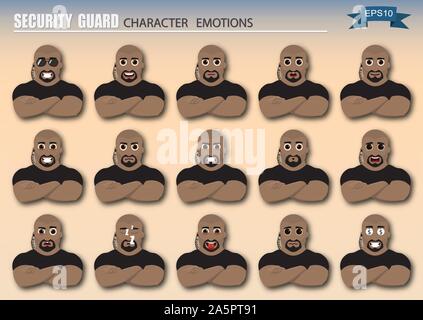 Set of security guard emoticons. Various emotions of the character. Set of avatar icons. Vector illustration. Stock Vector