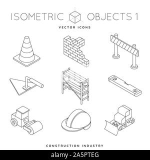 Collection of isometric outline icons of construction equipment and tools like steam roller, hard hat, traffic cone and scaffolding. Construction indu Stock Vector