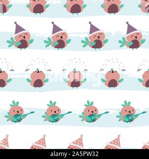 Cute cartoon robins in purple, pink and teal having fun dancing, singing and playing guitar. Seamless vector pattern on grunge effect striped ice blue Stock Vector