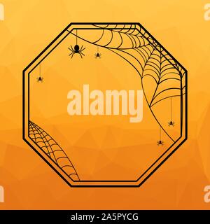 Halloween Geometric frame with spiderweb and hanging spiders on orange polygonal background. Vector illustration. Stock Vector