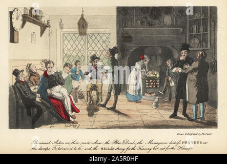 Regency actors in a small town inn. They sit in the kitchen near the hearth while the theatre manager argues with the hotelier. Provincial Actors on the route. Scene: The Blue Devils. The manager in distress, Proteus in the dumps, To be or not to be, and the Bill too strong for the Treasury but not for the House. Handcoloured engraving etched by Theodore Lane from Pierce Egan’s The Life of an Actor, Pickering and Chatto, London, 1892. Stock Photo