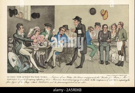 Regency actors in a small obscure tavern near the theatre. Actors rehearsing their lines with scripts in a dive bar. Suiting the Action to the Word. Interior of an Hedge Ale House contiguous to the Theatre. Handcoloured engraving etched by Theodore Lane from Pierce Egan’s The Life of an Actor, Pickering and Chatto, London, 1892. Stock Photo