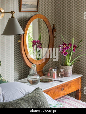 Orchid reflected in mirror on dressing table Stock Photo