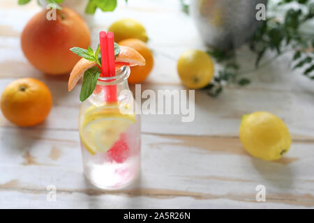 Flavored water, water with grapefruit and lemon. Stock Photo