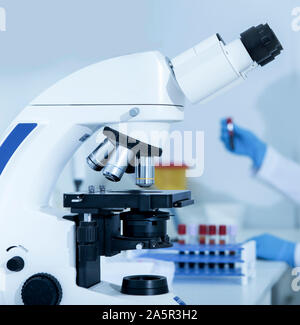 Close up of scientist microscope ready for examining samples Stock Photo