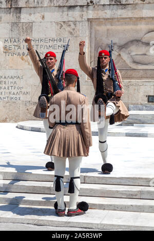 The Presidential Guard is a ceremonial infantry unit that guards the Tomb of the Unknown Soldier and the Presidential Mansion in Athens, Greece Stock Photo