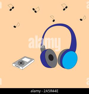 Items to play and listen to music. Audio headphones and audio player isolated by brown background. Stock Vector