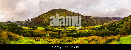 Panoramic view over Llyn Gwynant, Snowdonia National Park, North Wales, UK Stock Photo