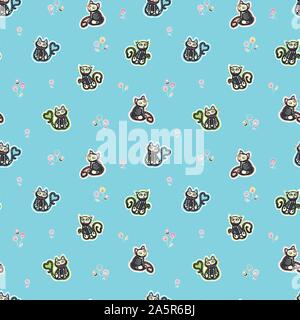 Seamless vector day of the dead sugar skull cat pattern with hand drawn bone cat and florals. Funny and happy design for your perfect party. Stock Vector