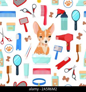 pattern with grooming tools and dog Stock Vector