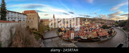 A panorama view of Cesky Krumlov, Czech Republic from the castle gardens with the bend of the Vltava River Stock Photo