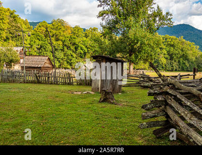 Mountain Farm Museum at the Oconaluftee Visitor Center in the Great Smoky Mountains National Park in Cherokee North Carolina Stock Photo