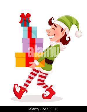 Merry Christmas. Funny Elf carries gift boxes. Santa Claus helper Elf. Cartoon character. Vector illustration on white background Stock Vector