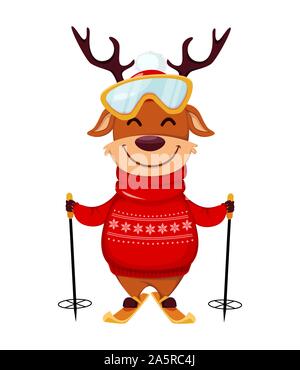 Merry Christmas. Funny reindeer goes skiing. Cute cartoon character. Vector illustration on white background Stock Vector