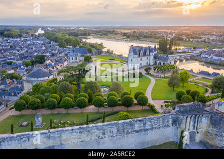 France, Indre et Loire, Loire valley listed as World Heritage by UNESCO, Amboise, Amboise royal castle, the gardens on evening (aerial view) Stock Photo