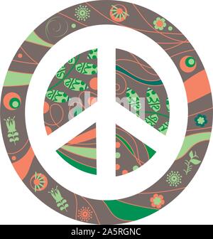 Floral and swirls colorful abstract vector peace sign. Vivid image in hippy style Stock Vector