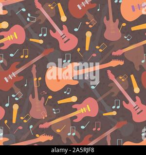 Beautiful mellow guitar and music design in multicolor hues of orange and pink. Seamless vector pattern on warm brown layered background. Great for Stock Vector