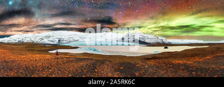 Milky Way and Aurora Borealis, Fjallsarlon, Vatnajokull National Park, Iceland Stock Photo