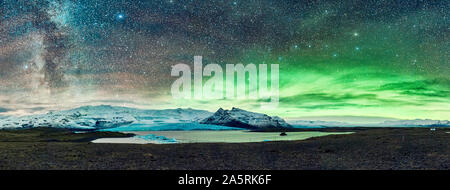 Milky Way and Aurora Borealis, Fjallsarlon, Vatnajokull National Park, Iceland Stock Photo