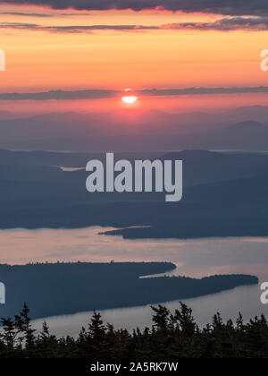Sunset on the Appalachian Trai over the lakes and mountains of Maine Stock Photo