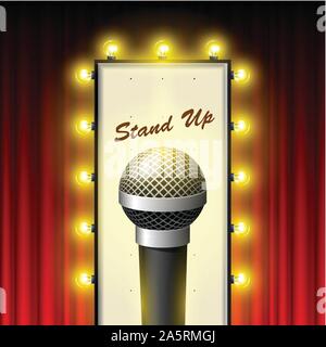 Stand up comedy show - microphone and retro movie theater marquee over drop-curtain Stock Vector