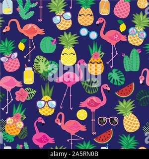 Seamless, Tileable Tropical Vector Pattern with Flamingos, Toucans, Cacti and Tropical Leaves Stock Vector