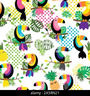 Seamless, Tileable Tropical Vector Pattern with Flamingos, Toucans, Cacti and Tropical Leaves Stock Vector